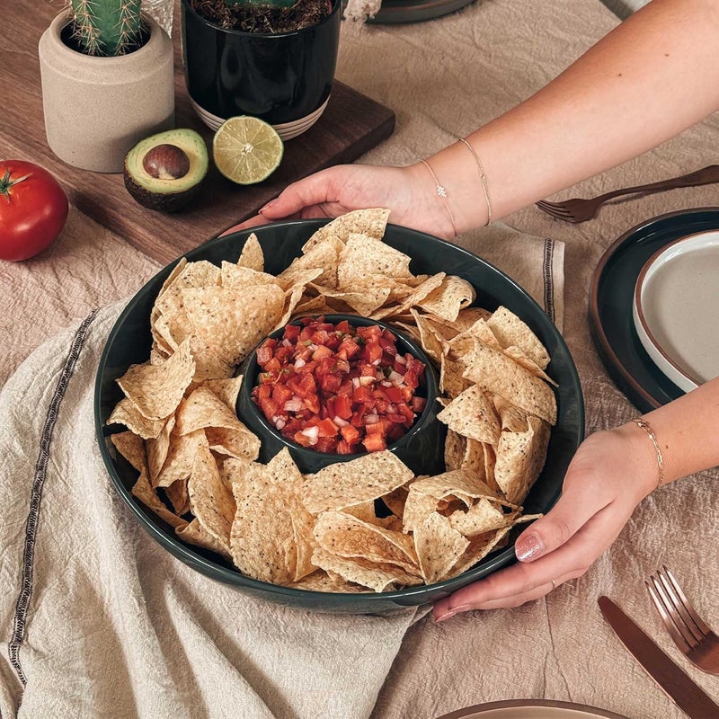 Mora Ceramic Chips and Dip Serving Tray: Large Divided Party Bowl Set for Chips & Salsa, Veggies & Dip, Fruit, Snacks, Entertaining, Hosting, etc. Minimalist Design for the Modern Hostess - Charcoal - Image 5